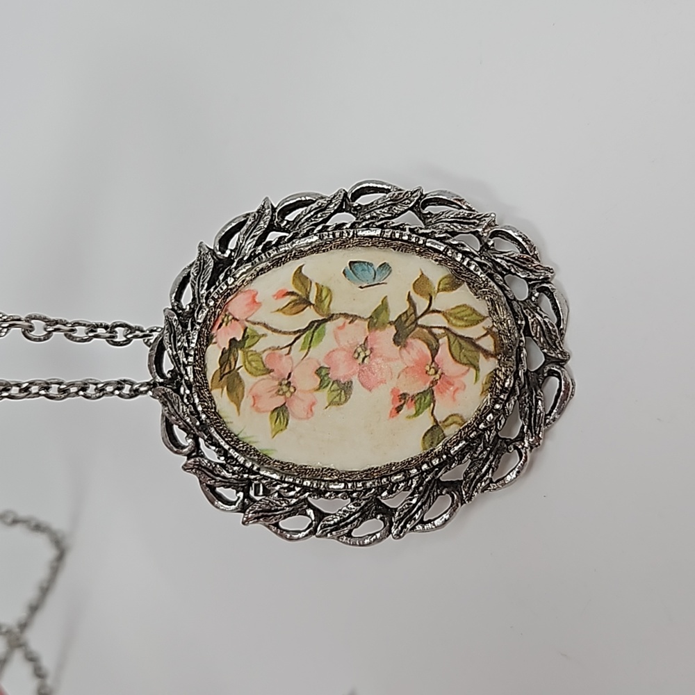 Floral Pendant Necklace Brooch Antique Silver Tone